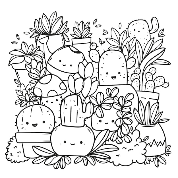 Hand drawn kawaii coloring book illustration