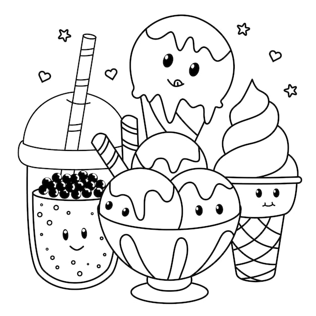 Hand drawn kawaii coloring page illustration with drink and ice cream