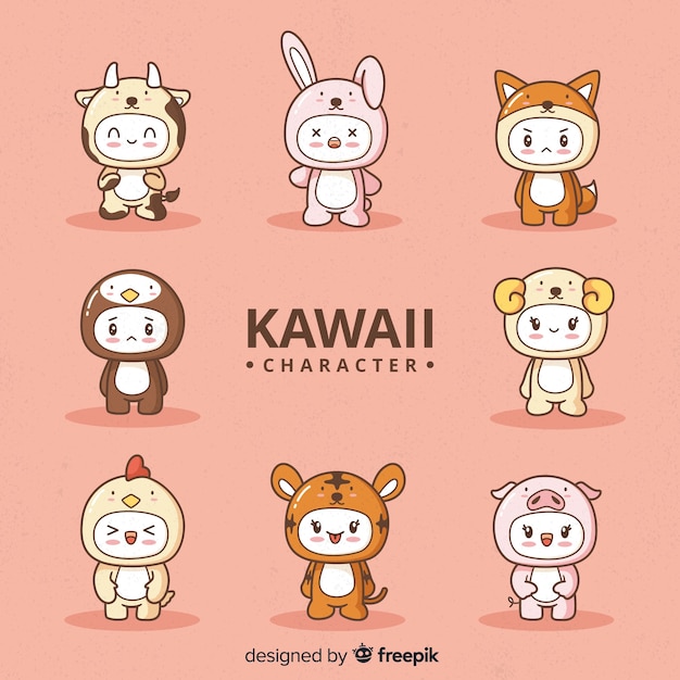 Hand drawn kawaii disguised characters collection