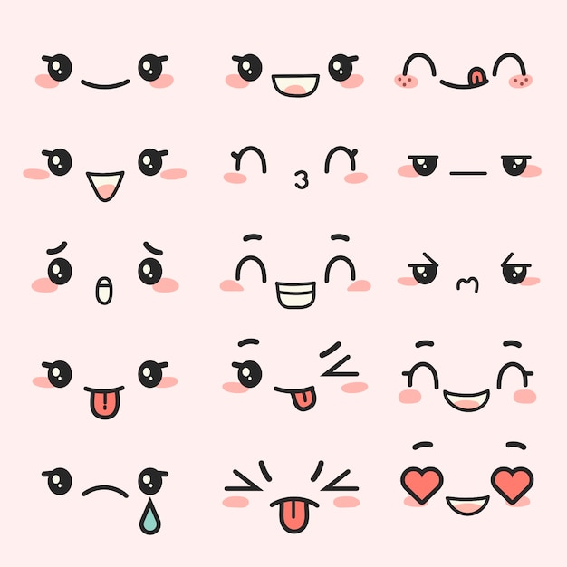 Vector hand drawn kawaii face collection