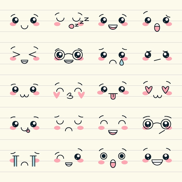 Vector hand drawn kawaii face collection