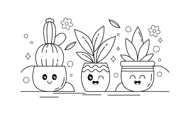 Vector hand drawn kawaii plant coloring book with cute expressions illustration