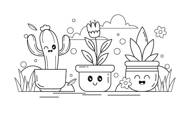 Vector hand drawn kawaii plant coloring book with cute expressions illustration