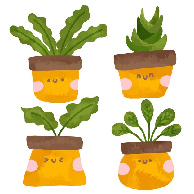 Vector hand drawn kawaii plants illustration