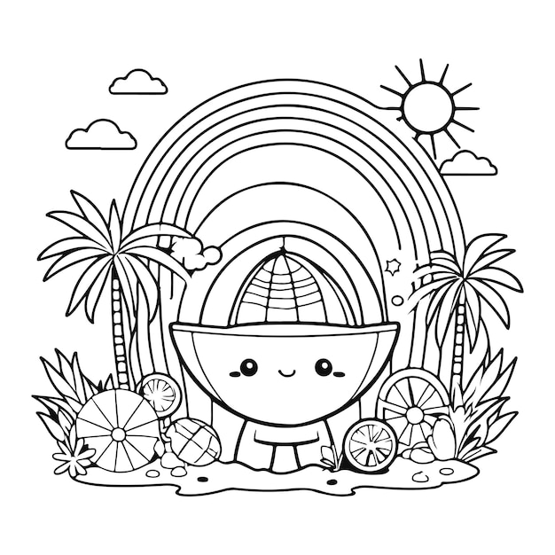 Vector hand drawn kawaii summer coloring book illustration