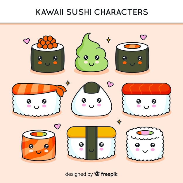 Hand drawn kawaii sushi pack