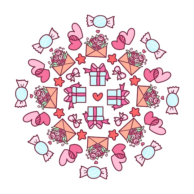 Hand drawn kawaii valentine's day mandala illustration