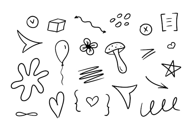 Vector hand drawn kid icon sketch doodle cute elements flower heart letter arrow line cloud childish set