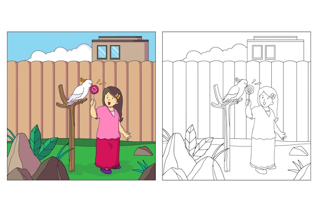 Hand drawn Kid and Pet Coloring page 9