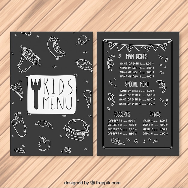 Hand-drawn kid's menu with fast food