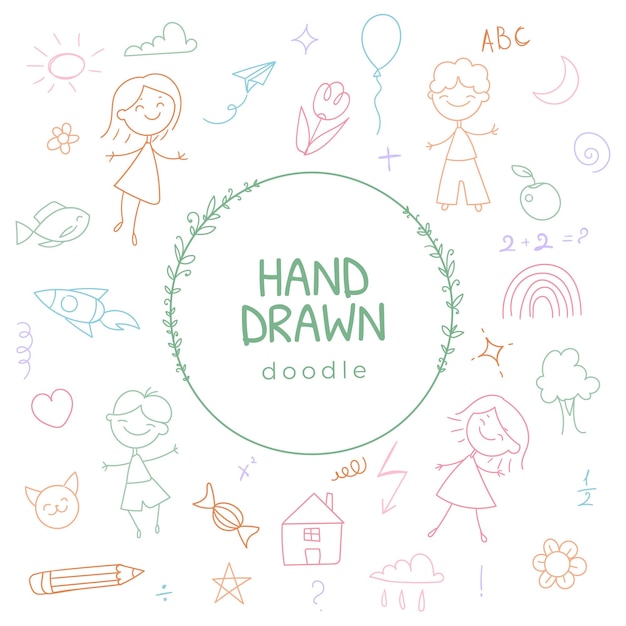 Vector hand drawn kids doodle illustration cartoon characters includes cute smiling children