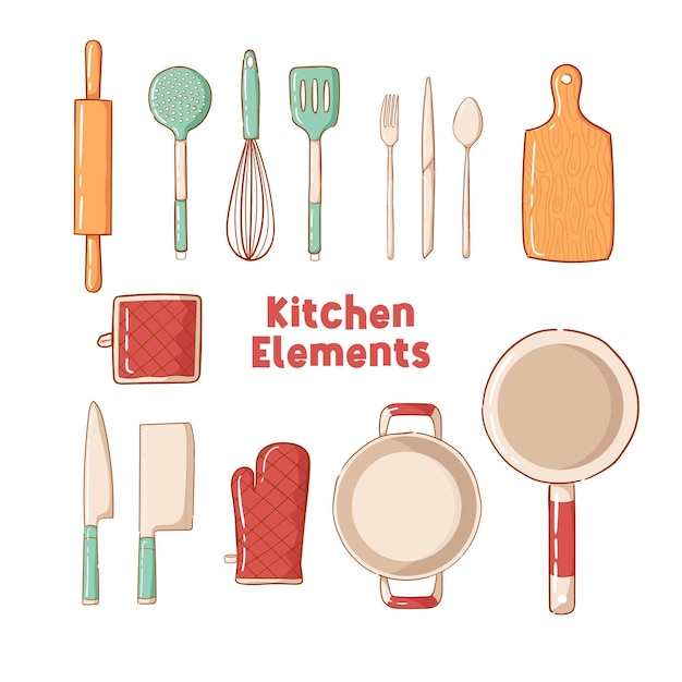 hand drawn kitchen elements collection