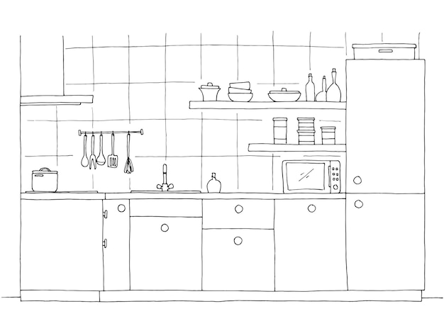 Hand drawn kitchen furniture Vector illustration in sketch styl