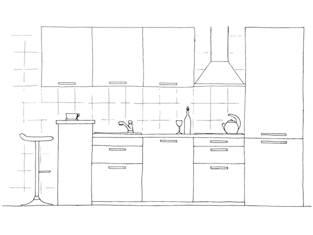 Hand drawn kitchen furniture Vector illustration in sketch styl