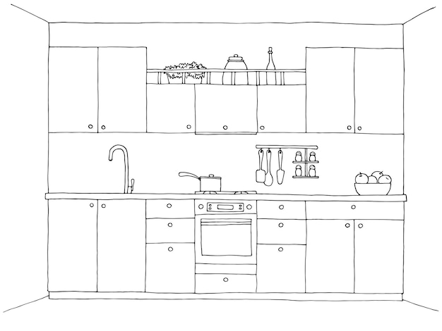 Hand drawn kitchen furniture Vector illustration in sketch style