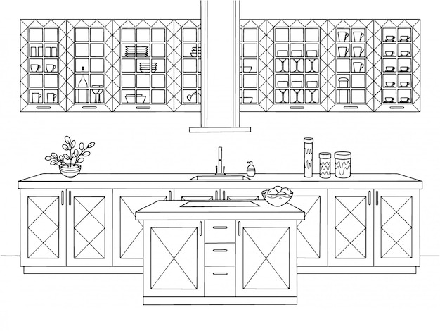 Hand drawn kitchen.  illustration in sketch style