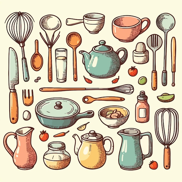 Hand Drawn Kitchen Utensils and Cookware Set