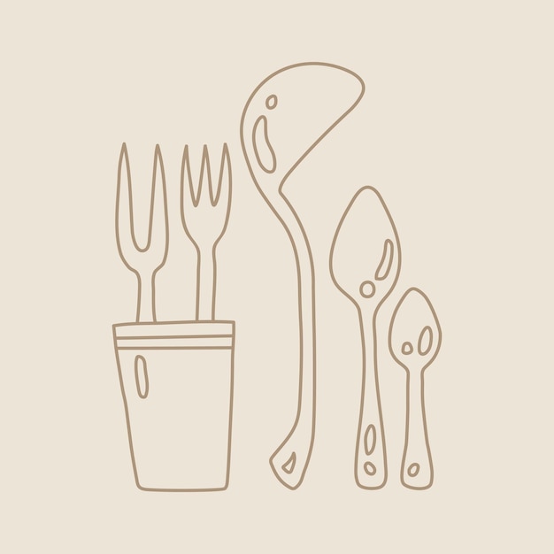 Hand drawn kitchenware for recipes and restaurant menu.