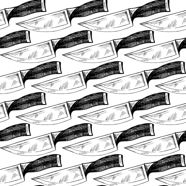 Hand-drawn knifes on transparent backdrop. Sketch style vector background. Seamless pattern.