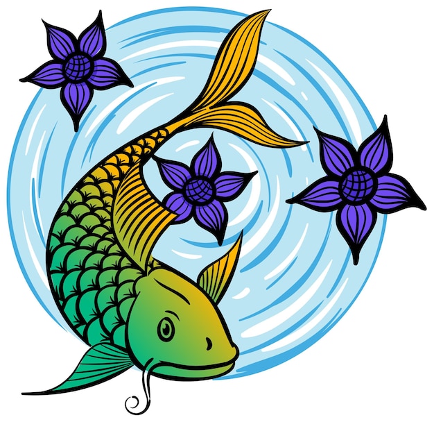 Hand drawn koi fish with lotus flower color vector illustration