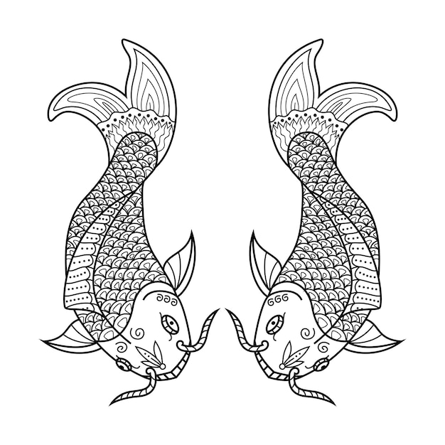 Hand drawn of koi fish in zentangle style