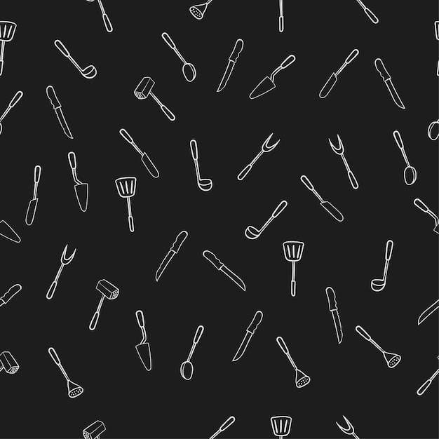 Hand drawn ladle and spatula kitchen set in one stroke style on chalkboard seamless pattern for packaging and fabric