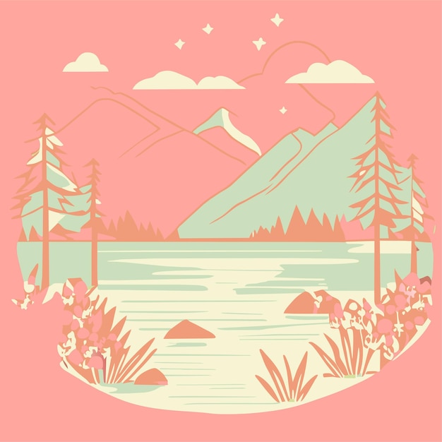 Hand drawn lake scenery and Nature scene