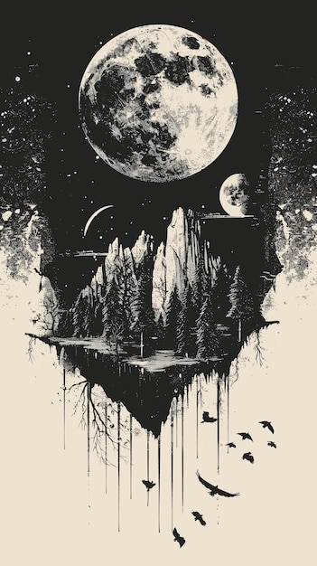 Vector hand drawn landscape with forest lake and moon vector illustration