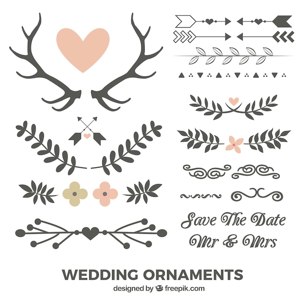 Hand drawn leaves and wedding ornaments