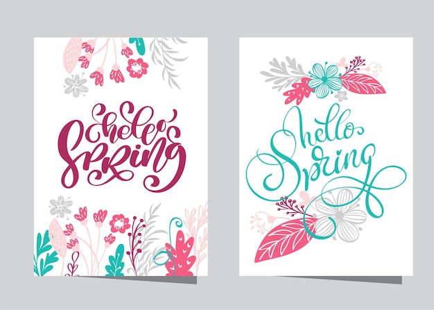 Hand drawn lettering hello Spring with frame of flowers wreath branches and leaves scandinavian