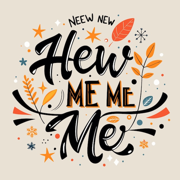 Vector hand drawn lettering saying 39new new new me me me39 in black surrounded by various colourful shapes including leaves stars and dots on a light brown background