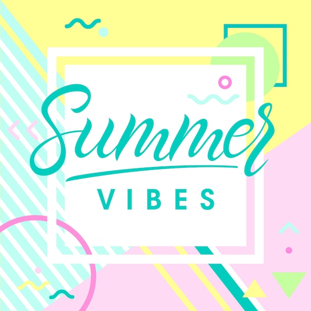 Hand drawn lettering summer vibes with retro style texture and geometric elements in memphis styleAbstract design card perfect for prints flyersbannersinvitationsspecial offer and more