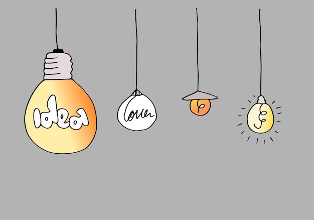 Hand drawn light bulb icons with concept of idea Doodle style. Vector illustration.