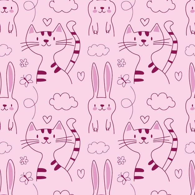 Hand drawn line art cartoon doodle animal seamless pattern in vector Repeated animal illustrations on the pink background EPS