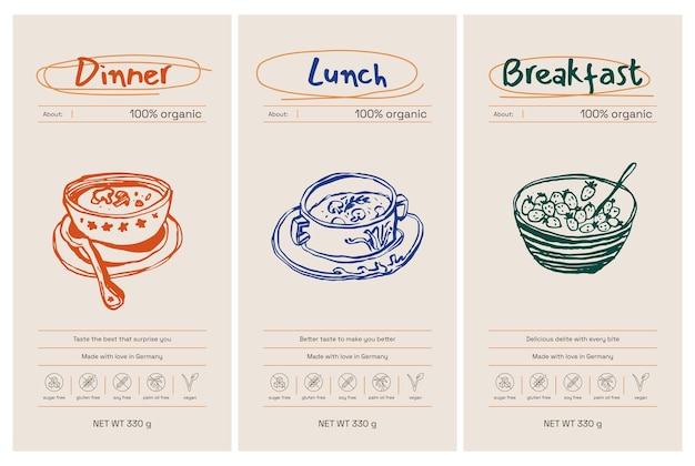 Hand drawn line art food vector packaging label design template For cafe or restaurant