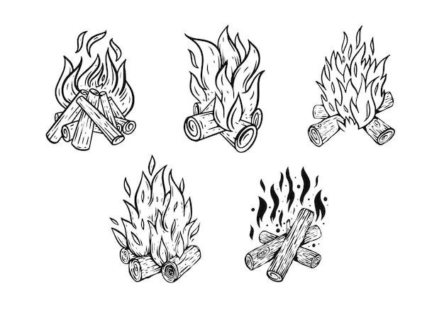 Vector hand drawn line art sign fire bonfire camping sign vector illustration