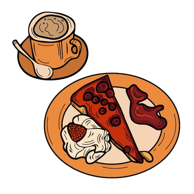 Hand drawn line art vector illustration of a breakfast plate with Cheesecake and coffee