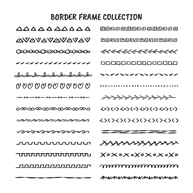 Hand drawn line, border, frame design element set isolated on white background