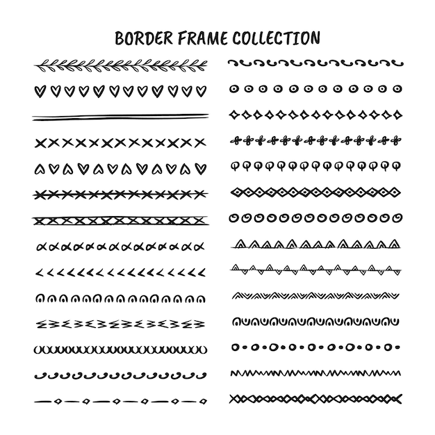 Hand drawn line, border, frame design element set isolated on white background