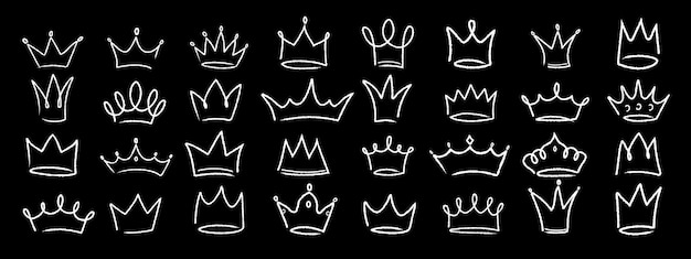 Vector hand drawn linear grunge set of crowns on black background collection of royal diadems sketches drawn in white chalk on black board vector illustration