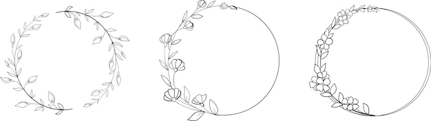 hand drawn linear wreath with flowers and leaves in doodle style