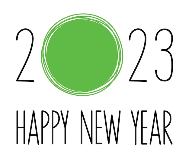 Hand drawn lineart Happy New Year 2023 lettering with green circle