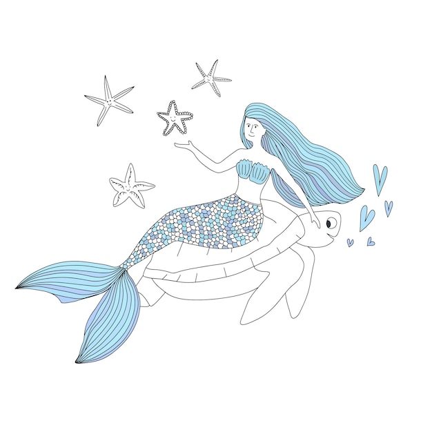 Hand drawn little cute mermaid sitting on giant turtle and playing with starfish