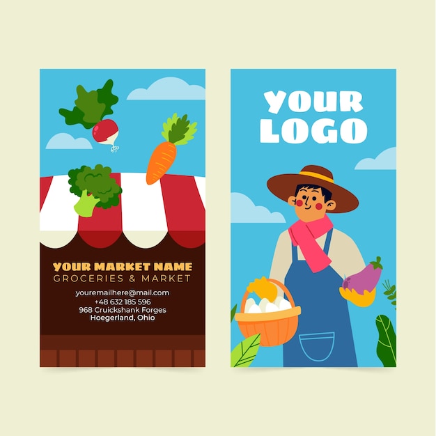 Hand drawn local market vertical business card template