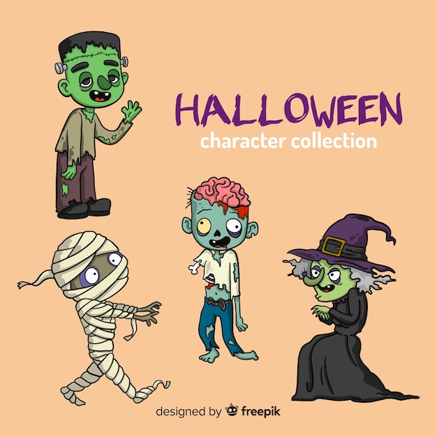 Hand drawn lovely halloween character collection