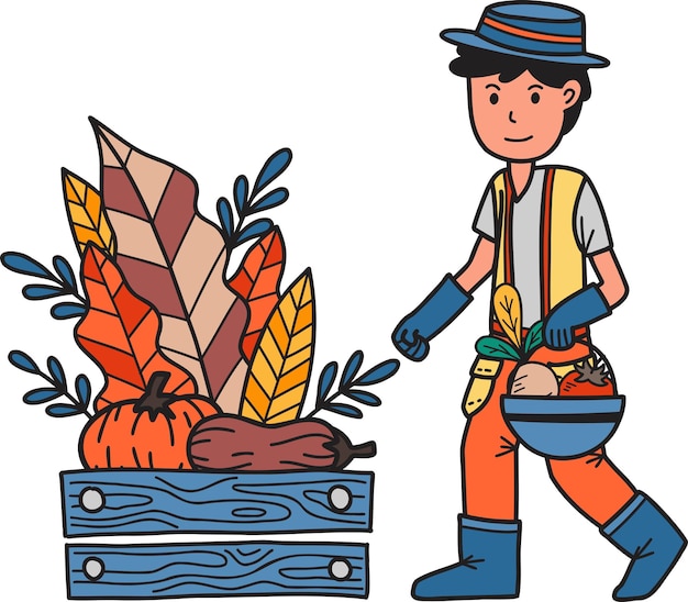 Hand Drawn male farmer holding a basket of fruits and vegetables illustration