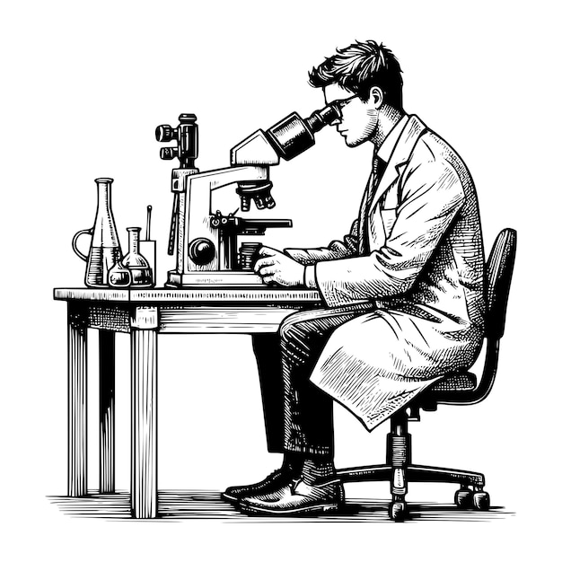 Vector hand drawn male scientist working using microscope engraving black and white scientist conducting research in the laboratory vector illustration