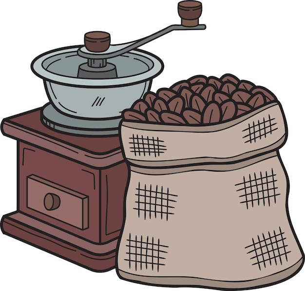 Hand Drawn Manual coffee grinder with coffee beans illustration in doodle style