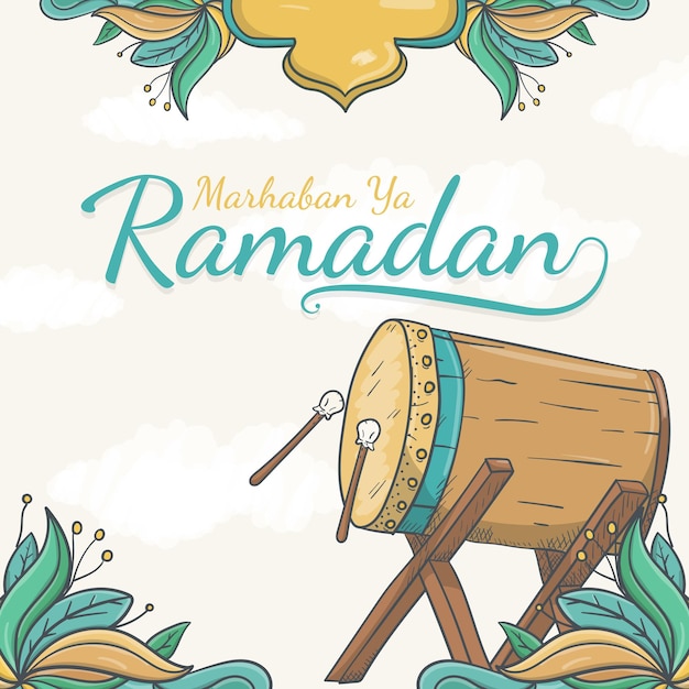 Hand drawn marhaban ya ramadan greeting card with Islamic Ornament