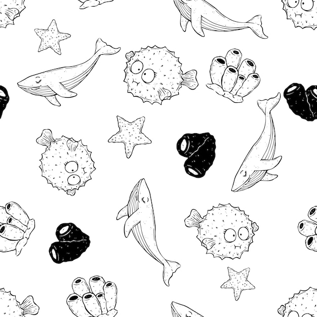 Hand drawn marine animals seamless pattern with pufferfish whale and coral Underwater elements